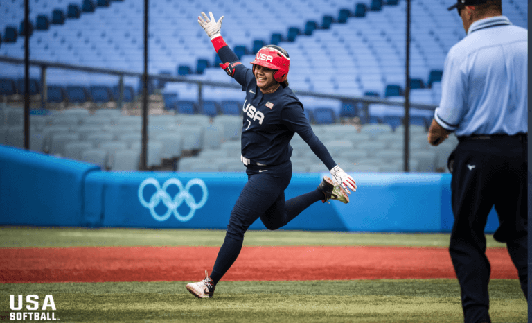 Kelsey Stewart rounds the bases after her walk-off home run in the bottom of the 7th beat Japan 2-1. Photo" USA Softball.